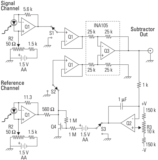 Circuit diagram for the auto-balancing transimpedance differential amplifier