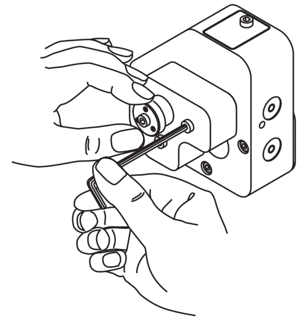 Keeping one of the two outer screws stationary with an Allen-key while turning the knob causes the remaining screws to turn, tilting the fiber end